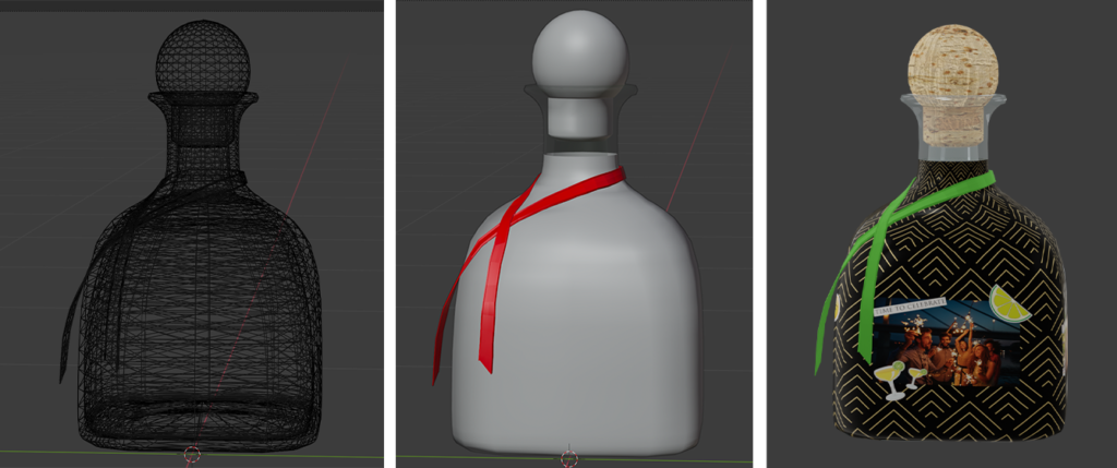 3D model renderings of the Silver Patrón bottle.